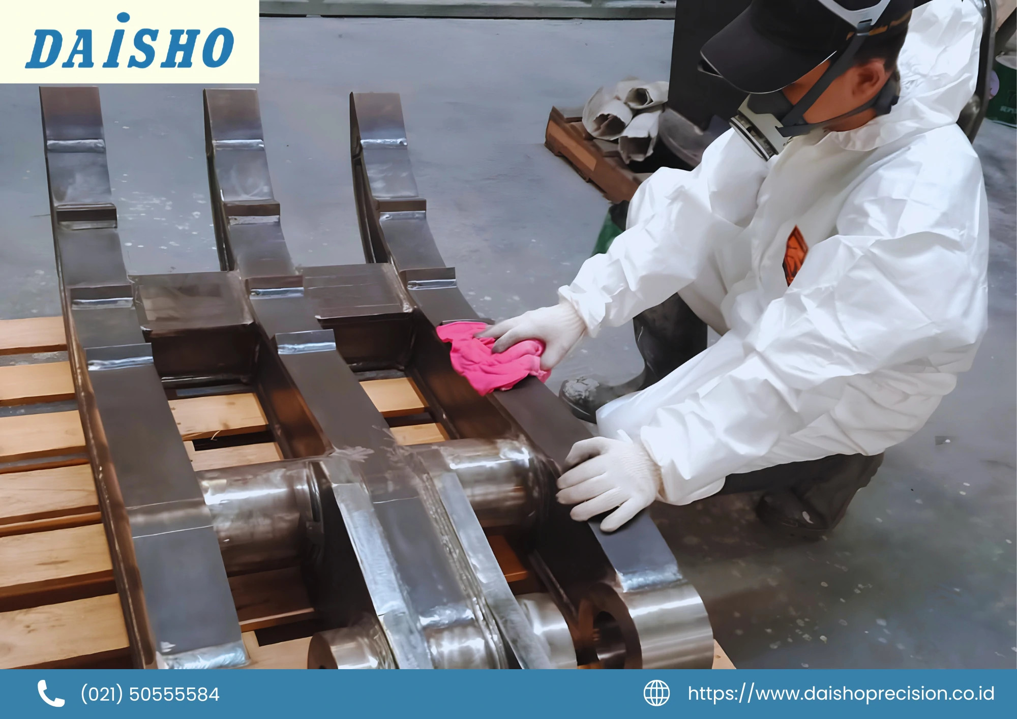 Worker wiping a freshly painted steel component during final coating inspection