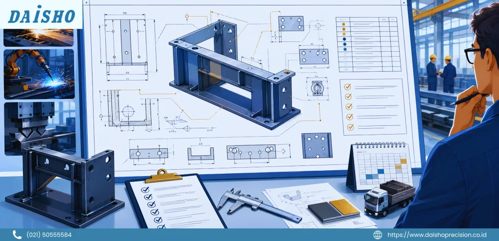 Steel fabrication drawing checklist with dimensions, material notes, tolerances, welding details, and production review points