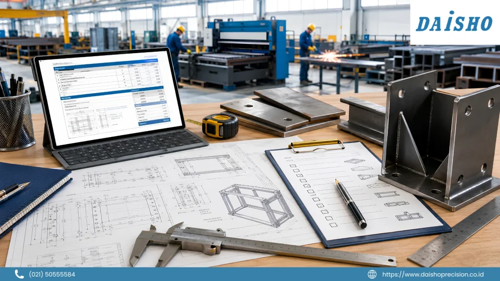Steel fabrication quote preparation with engineering drawings, materials, checklist, and fabricated steel component